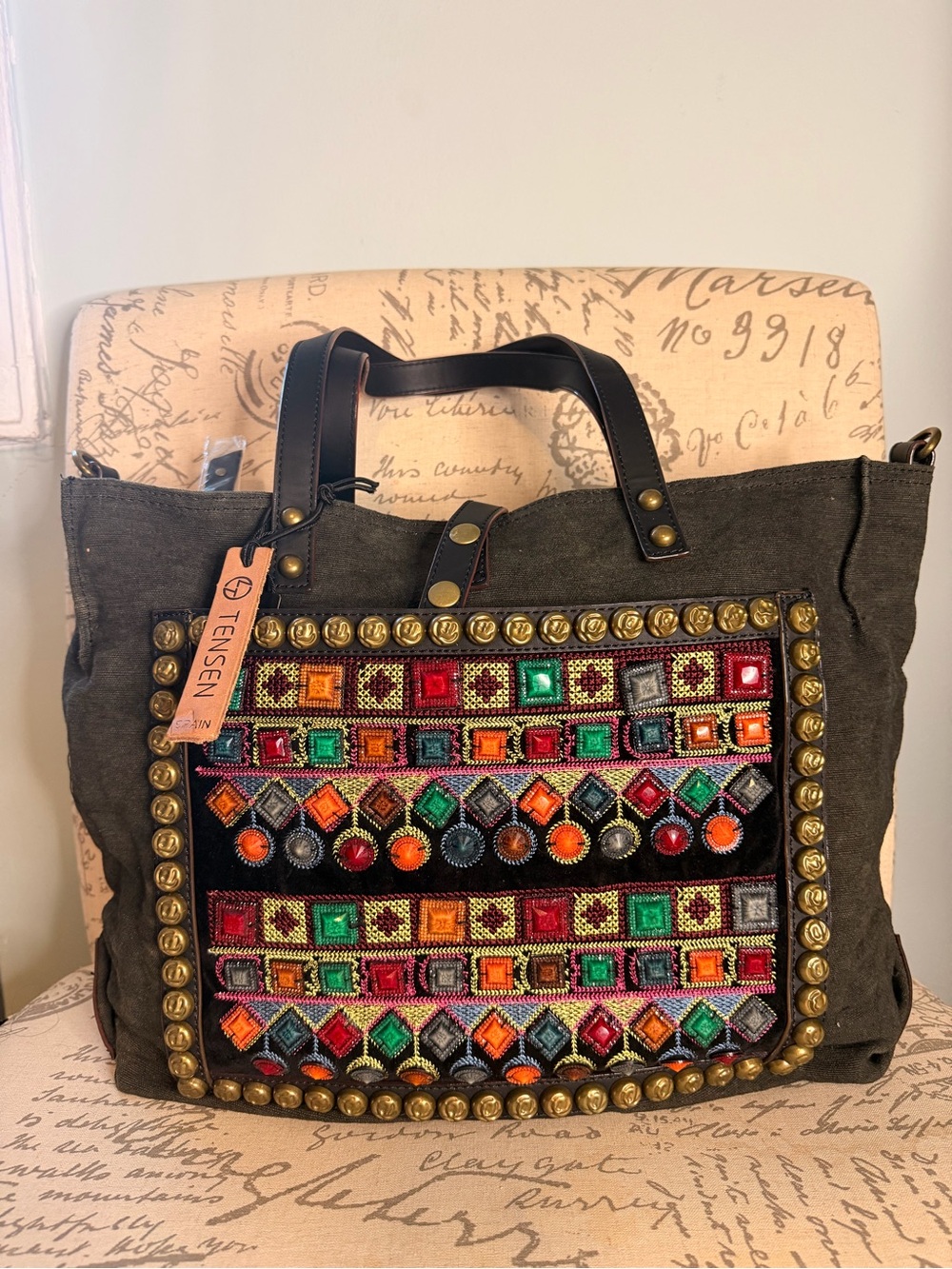 NWT Tensen Spain Design Studded & Beaded Denim Crossbody Tote Bag